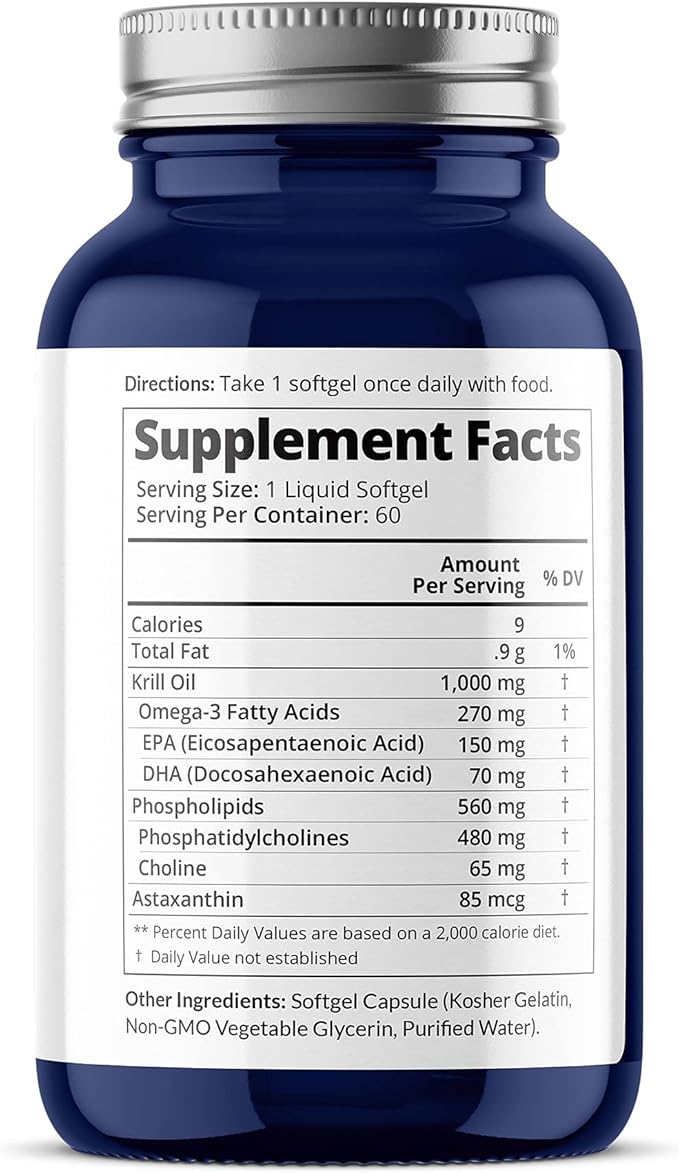 100% Pure Organic Krill Oil 1000mg, 60-Day, Omega 3, Highest Concentration 56% Phospholipids, Wild Caught, Sustainable Traceable Antarctic SuperbaBoost, Astaxanthin, Heart, Skin Care, No Fish Oil
