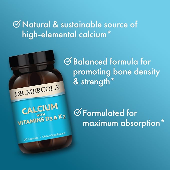 Dr. Mercola Calcium with Vitamins D3 & K2 - Supports Bone & Heart Health* - Calcium with Vitamins D3 & K2 - Eggshell-Derived - Non-GMO, Gluten-Free & Soy Free - 90 Capsules (90 Servings)
