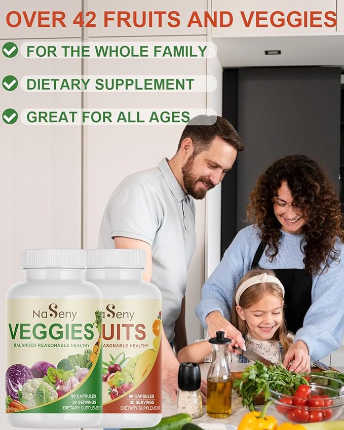 Fruits and Veggies Supplement with 40 Different Fruits & Vegetables-Nutrient-Rich Formula Rich in Vitamins and Minerals for All Ages for Energy, Immunity- 90 Fruit & 90 Veggie Capsules