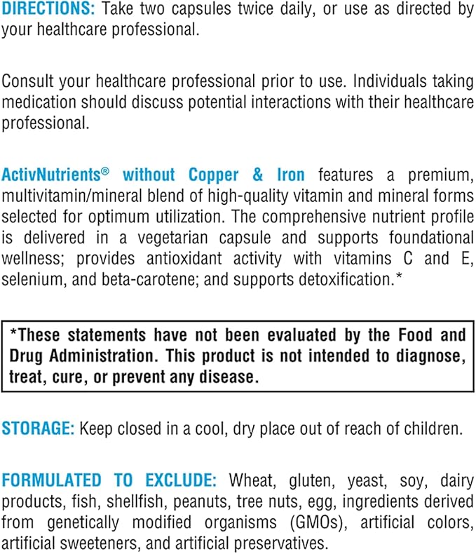 Xymogen ActivNutrients® Without Copper & Iron 120 Capsules Multivitamin/Mineral Formula for Wellness Support*