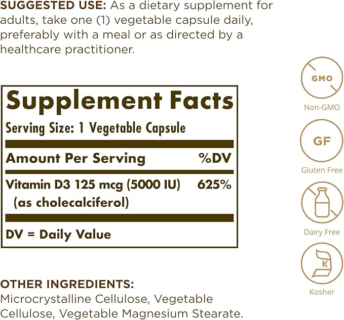 SOLGAR Vitamin D3 (Cholecalciferol) 125 mcg (5000 IU) - 240 Vegetable Capsules, Pack of 2 - Non-GMO, Gluten Free, Dairy Free, Kosher - 480 Total Servings