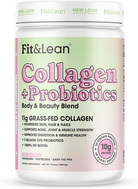 Fit & Lean Collagen + Probiotics- Grass-fed Collagen Peptide Powder, Unflavored, 12.64oz