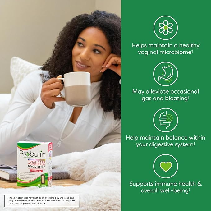 Probulin Total Care Women's Urinary Tract = Prebiotics + Probiotics + Postbiotics to Support a Healthy Vaginal Microbiome - 20 Billion CFU - 12 Strains - 30 Vegan Capsules