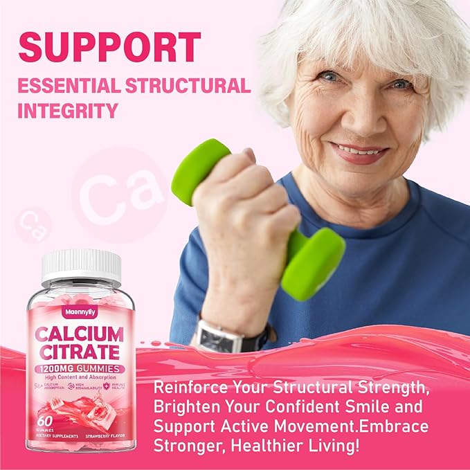 Calcium Citrate Gummies 1200 mg for Adults: Ultimate Absorption Calcium Supplement for Women & Men - Easy to Digest, Vegan, Non-GMO, Gluten Free - Natural Strawberry Flavor
