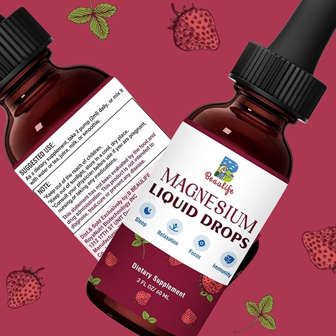 Magnesium Liquid Drop, 1000mg Magnesium Supplement,with Magnesium Glycinate & Citrate, Strawberry Flavor, Calm Mood, Sleep ,Relaxation, Immune, Heart for Adults and Kids