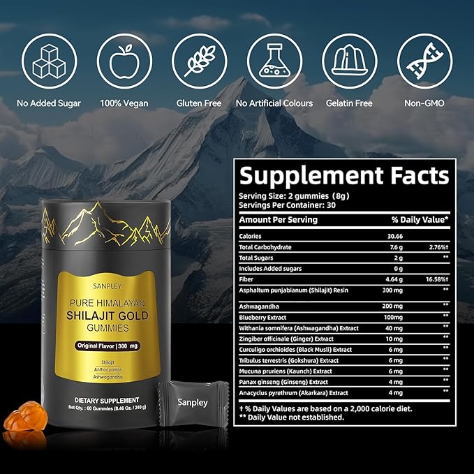 Shilajit Gummies Gold Himalayan Shilajit | Pure Himalayan Shilajit Gummies | No Added Sugar | Fulvic Acid & Trace Minerals I Non-GMO I Natural I 60 Gummy