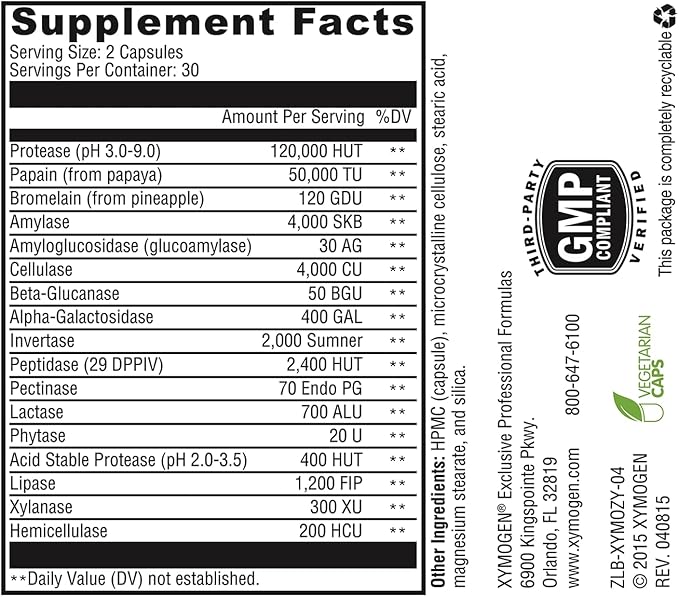 XYMOGEN XymoZyme - Vegan, Multi-Enzyme Digestive Supplement - Plant-Based Digestive Enzymes for Women & Men - Support Gut Health + Nutrient Absorption - Breakdown Lactose, Beans & More (60 Capsules)