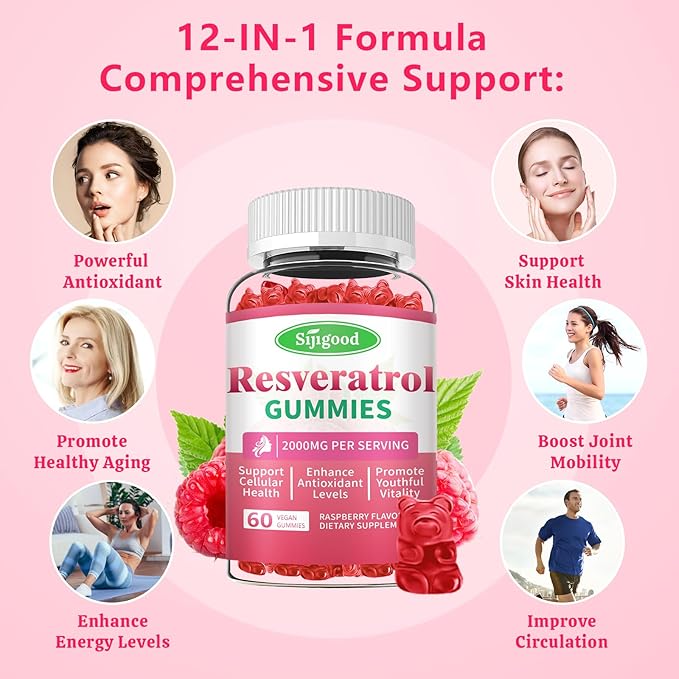 2000mg Organic Resveratrol Gummies for Women - Sugar Free Resveratrol-Nutritional-Supplements for Antioxidant Support, Cellular Health, Immunity, Brain & Energy, Raspberry Flavor, 60 Count