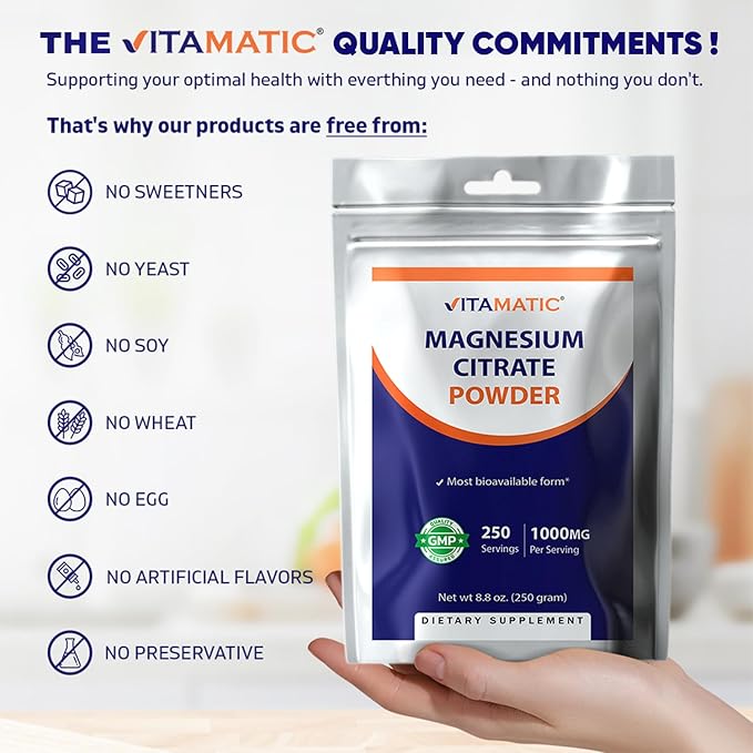 Vitamatic Magnesium Citrate 1000mg per Serving Supports Muscle, Joint, and Heart Health 250 Grams - 250 Servings