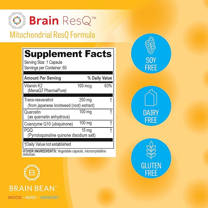 Brain ResQ Advanced Mitochondrial Formula with PQQ, CoQ10, Trans Resveratrol, MenaQ7 & Quercetin Supplement - 100mg of CoQ10 & 15mg PQQ โ Supports Brain, Heart & Cellular Health โ 60 Capsules
