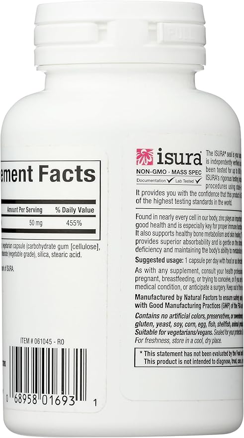 Natural Factors Zinc Bisglycinate, 50 mg, 60 Vegetarian Capsules