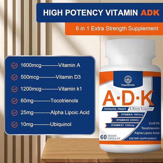 ADK Vitamin Supplement 20000 IU - High Potency Vitamins A, D3 and K1 for Heart, Bone Health and Immune Support Vitamin ADK 60 Capsules