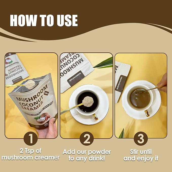 Mushroom Coconut Creamer, Natural Creamer for Coffee, 5 Mushrooms Extract |Lion's Mane, Turkey Tail, Reishi, Maitake, Chaga and Ceylon Cinnamon | Boosts Focus, Immunity and Energy | 6.35oz