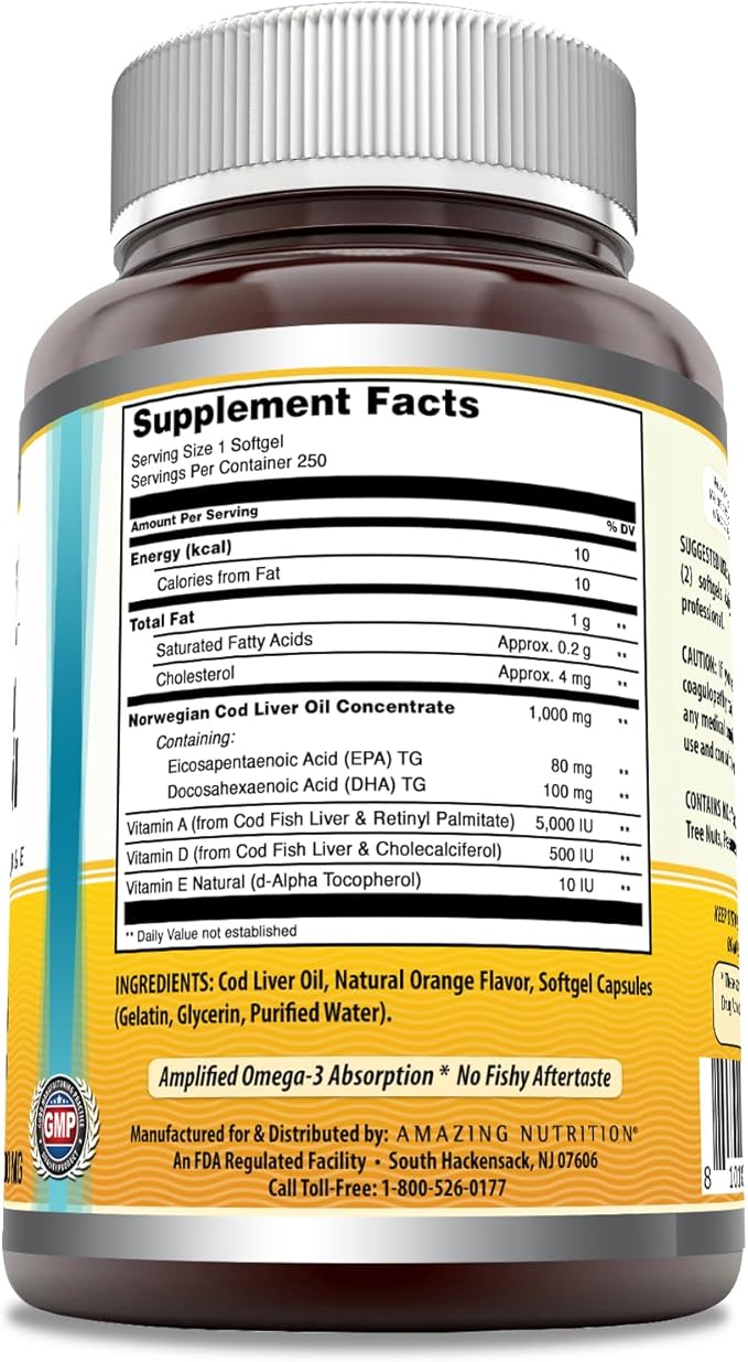 Amazing Omega Norwegian Cod Liver Oil 1000 Mg Softgels Supplement | Omega-3, EPA, DHA, Vitamin A, Vitamin D & Vitamin E (Orange | 250 Count)