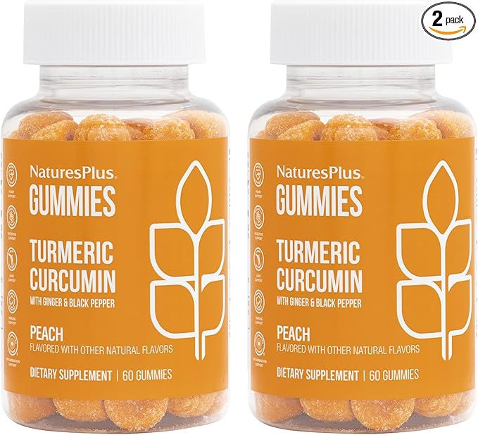 Natures Plus Gummies Turmeric Curcumin, Peach - 60 Gummies, Pack of 2 - Supports Joint, Digestive & Cardiovascular Health - Vegan, Gluten Free, Non-GMO - 60 Total Servings