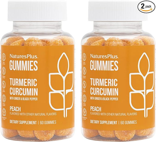 Natures Plus Gummies Turmeric Curcumin, Peach - 60 Gummies, Pack of 2 - Supports Joint, Digestive & Cardiovascular Health - Vegan, Gluten Free, Non-GMO - 60 Total Servings