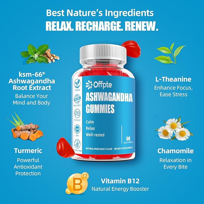 Ashwagandha Gummies Sugar Free for Women Men, High Potency Ashwagandha Root Extract Supplements with L-Theanine GABA Chamomile Turmeric Vitamin D3 B12 for Stress Adults Vegan(Mixed Berry B)
