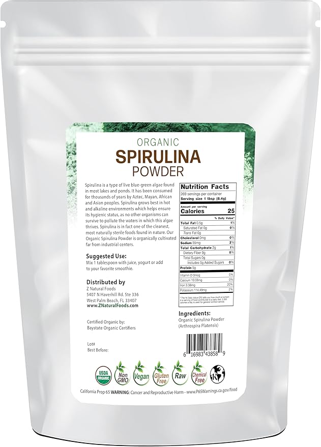 Z Natural Foods Organic Spirulina Powder - 100% Pure Spirulina, Nutrient-Dense Blue-Green Algae Superfood with Amino Acids, 15x Beta-Carotene - Mix in Smoothies, Yogurt, Recipes, 5 lbs