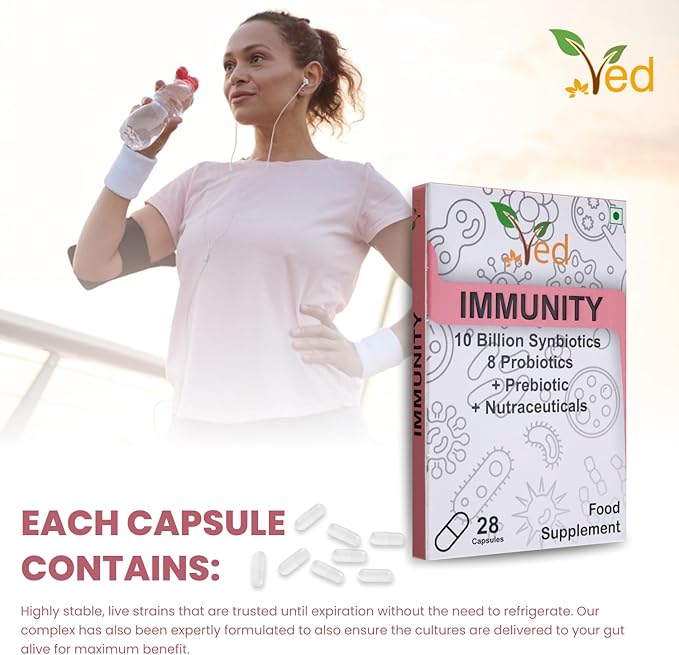 Ved Immunity Complex Probiotics and Prebiotics Complex - 10 Billion CFU - 20 Live Bacterial Cultures - 28 Probiotic Complex- Lactobacillus Plantarum, Casei.