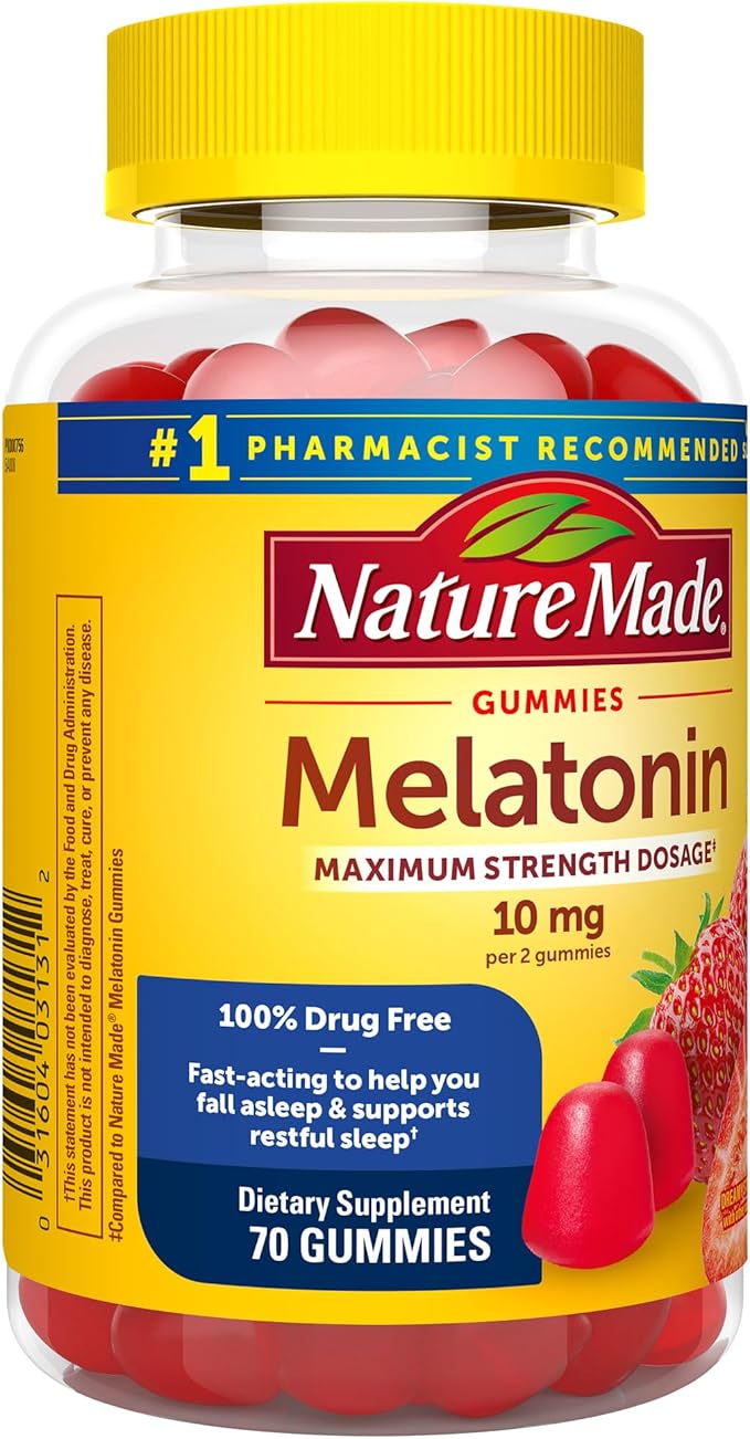 Nature Made Melatonin 10mg per serving Gummies for Adults, Maximum Strength Dosage Sleep Aid, 100% Drug Free, 70 Count Melatonin Gummies, 35 Day Supply