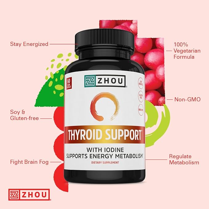 Zhou Thyroid Support - Thyroid Supplement for Women & Men with Zinc, Iodine, & Selenium, Metabolic Health Thyroid Complex with Ashwagandha, Kelp - 60 Veggie Capsules (Pack of 1)
