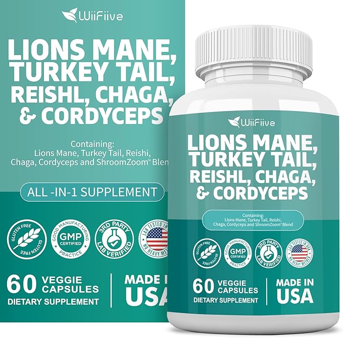 Lions Mane 3000mg Turkey Tail 3000mg Reishl 1000mg Chaga 1000mg Cordyceps Powder Extract Containing Maitaake Shiitake Black Fungus,Brain Supplement, Mineral Supplements, 60 Capsules