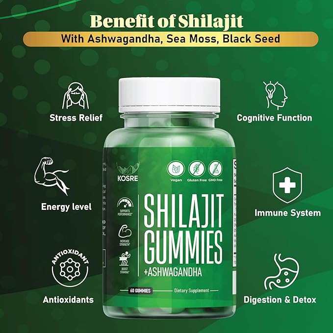 Premium Shilajit Gummies 2000MG – Pure Himalayan Shilajit with Ashwagandha, Chaga Mushroom, Vitamin D & B12 Natural Energy, Immune Support, 85+ Trace Minerals – Vegan, Non-GMO, 60 Gummies