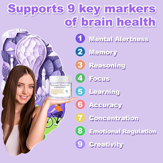 Nootropic Mushroom Supplement – Lion's Mane, Cordyceps, Reishi, Noopept | Boost Focus, Cognitive, Memory, Energy & Immune Health | Lion Mane Mushroom Supplement Powder, Purity 99.9+%