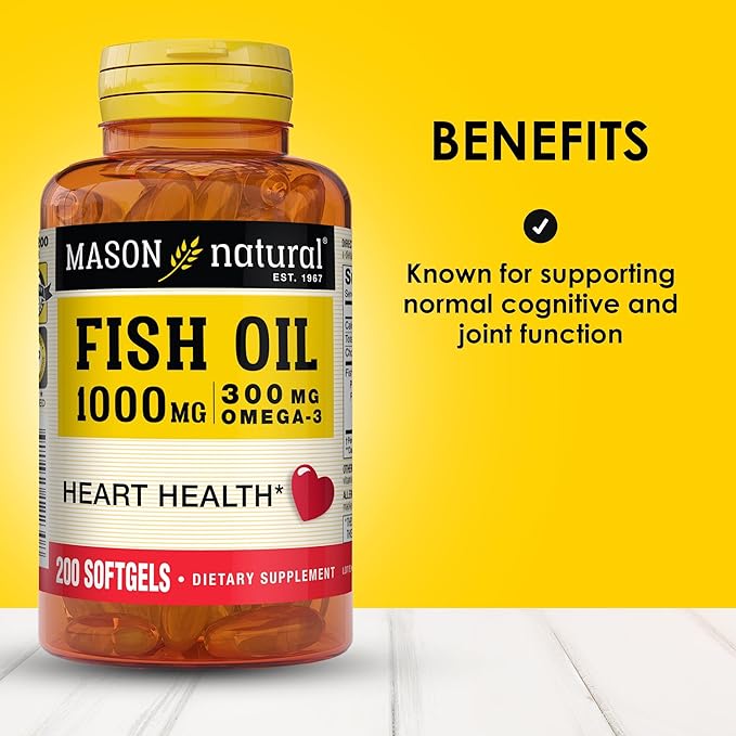 Mason Natural, Omega 3 Fish Oil 1000mg Softgels, Bonus Size 200-Count Bottle, Dietary Supplement Supports Heart, Eye, Brain and Joint Health with Omega 3 Fatty Acid Healthy Fats