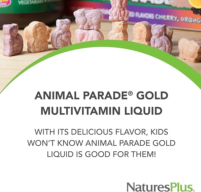 NaturesPlus Animal Parade Gold Children's Liquid Multivitamin, 16 fl oz - Natural Tropical Berry Flavor - Immune Support Supplement - Gluten Free, Vegan - 32 Servings