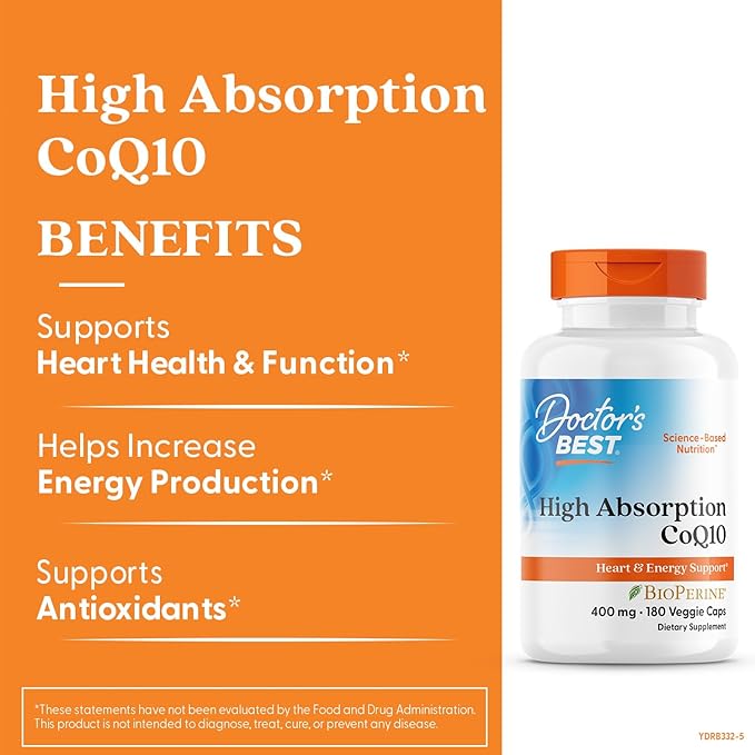 Doctors Best High Absorption CoQ10, Heart & Energy Support, USP Verified, Naturally Fermented CoQ10, Non-GMO Gluten Free, Soy Free, Vegan 180 Veggie Caps