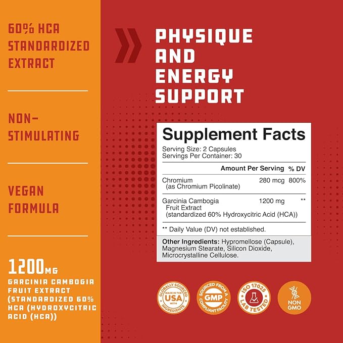 60% HCA Pure Garcinia Cambogia Extract - Blocks Carb Absorption - Suppresses Appetite - Burns Fat - Natural Weight Loss Supplement for Men & Women 60 Capsules - 30 Servings