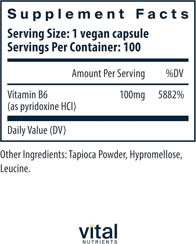 Vital Nutrients Vitamin B6 | Vegan Methylated B6 Vitamins for Nervous System, Muscle, Bone Health* | High-Potency Vitamin B6 for Menstrual Discomfort * | Gluten, Dairy, Soy Free | 100 Capsules