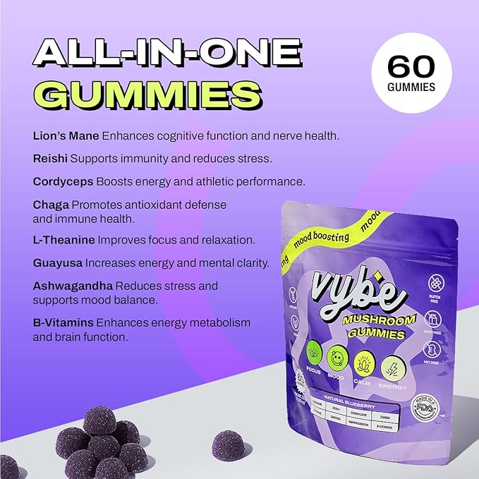 Vybe Mushroom Gummies for Focus and Energy - All-In-One Daily Mushroom Supplement - 8-in-1 Adaptogen Supplement Blend with Lion’s Mane, Cordyceps, Reishi, Chaga, Ashwagandha (Blueberry, 60-Count)