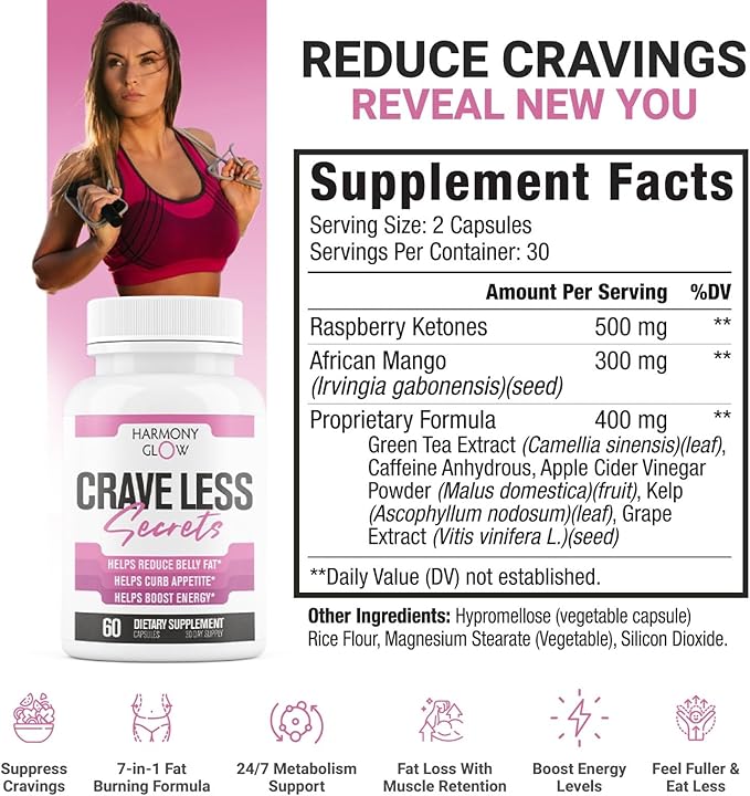 Crave Less: Secrets | NEW FORMULA Max Strength Appetite Suppressant Weight Loss Pills for Women | Belly Fat Burner, Carb Blocker, Energy Booster | 7 Ultra Ingredients for Fast Results - 60 Capsules