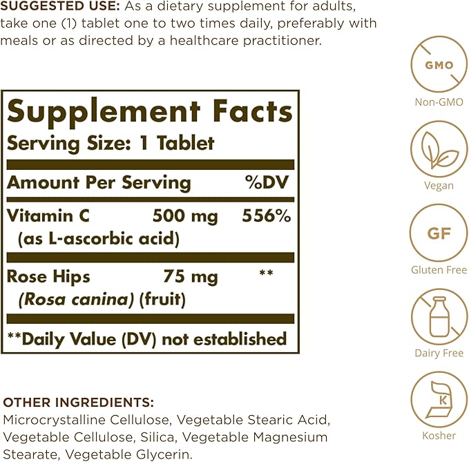 Solgar Vitamin C 500 mg with Rose Hips - 100 Tablets - Antioxidant & Immune Support - Non-GMO, Vegan, Gluten Free, Dairy Free, Kosher - 100 Servings