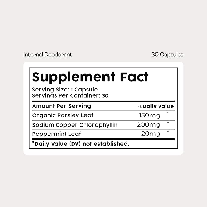Nuray Internal Deodorant Supplement | Natural Chlorophyll 30 Capsules for Body Odor Control, Gut Health, and Fresh Breath | Vegan, Detox Support, & Skin Health | Odor Eliminator for Men & Women