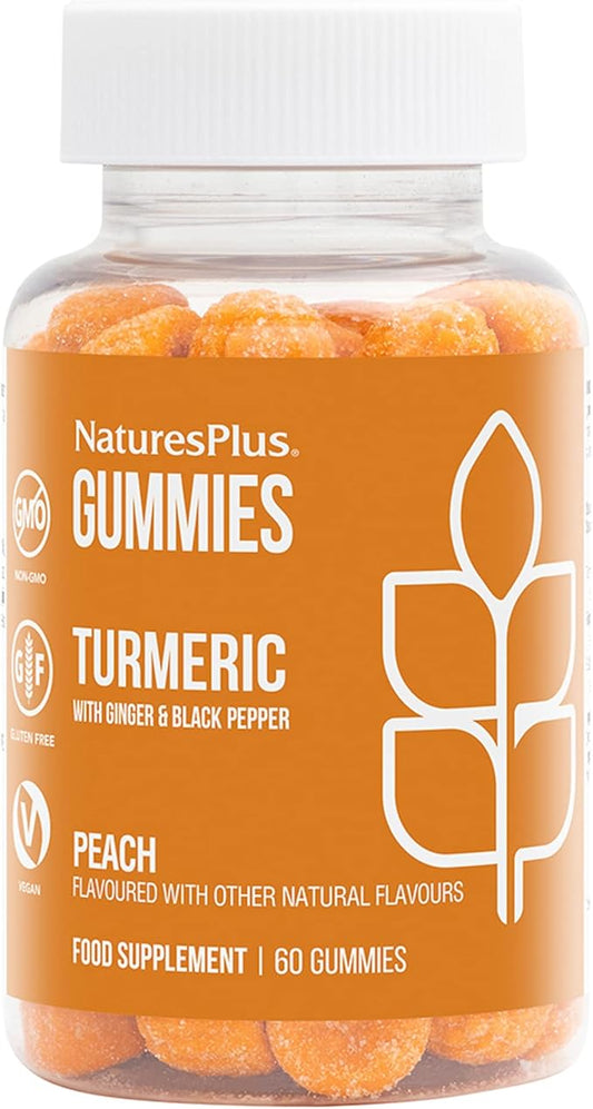 Natures Plus Gummies Turmeric Curcumin - 60 Gummies, Peach - Supports Joint, Digestive & Cardiovascular Health - Vegan, Gluten Free, Non-GMO - 30 Servings