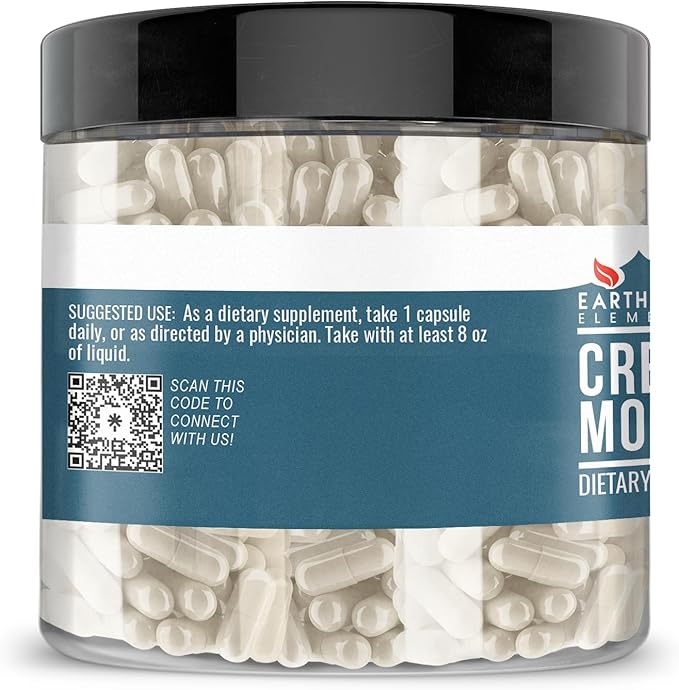 Earthborn Elements Creatine Monohydrate 200 Capsules, Pure & Undiluted, No Additives