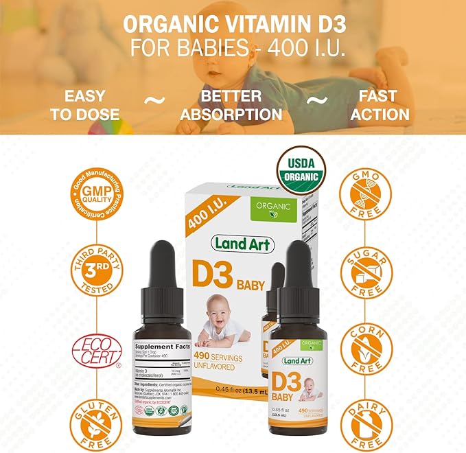 Certified Organic Vitamin D3 Drops - for Baby - 400 IU per Drop - 490 Servings - Development and Maintenance of Bones and Teeth - GMO Free - Gluten Free – 0.45 fl oz (13.5 ml) - Pack of 2