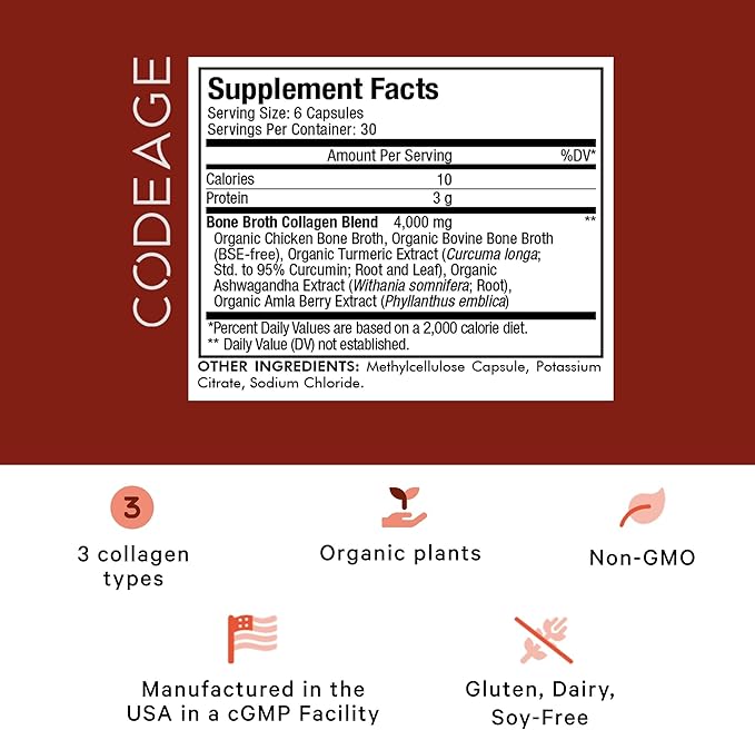 Codeage Organic Bone Broth Collagen Peptides Capsules Supplement, Grass Fed Beef Bone Broth, Free-Range Chicken Bone Broth, Turmeric & Ashwagandha - Collagen Types I, II, III - Non-GMO - 180 Capsules