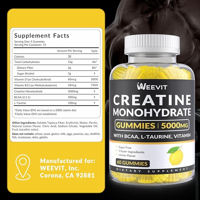 Creatine Monohydrate Gummies for Men, Chewables Creatine Monohydrate for Muscle Strength Energy Boost, Pre-Workout Supplement with BCAA, L-Taurine, B12