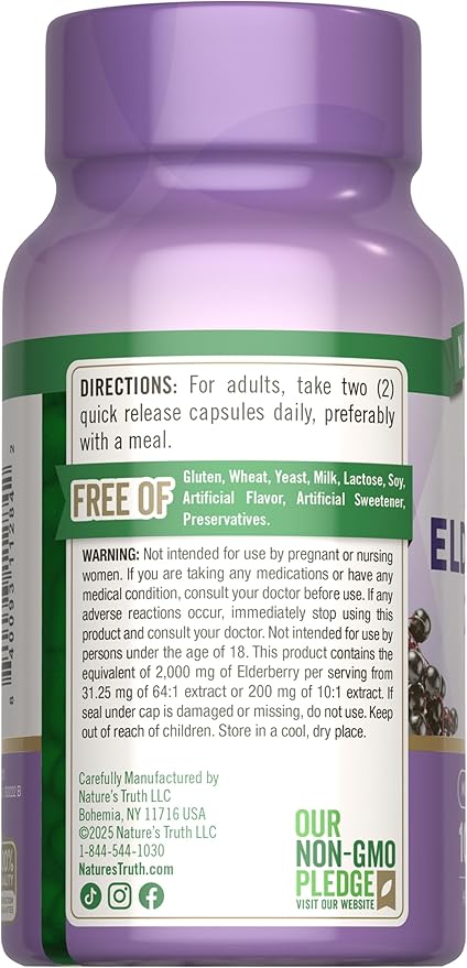 Nature's Truth Black Elderberry Capsules | 100 Count | Super Concentrated Sambucus Extract | Non-GMO and Gluten Free Supplement