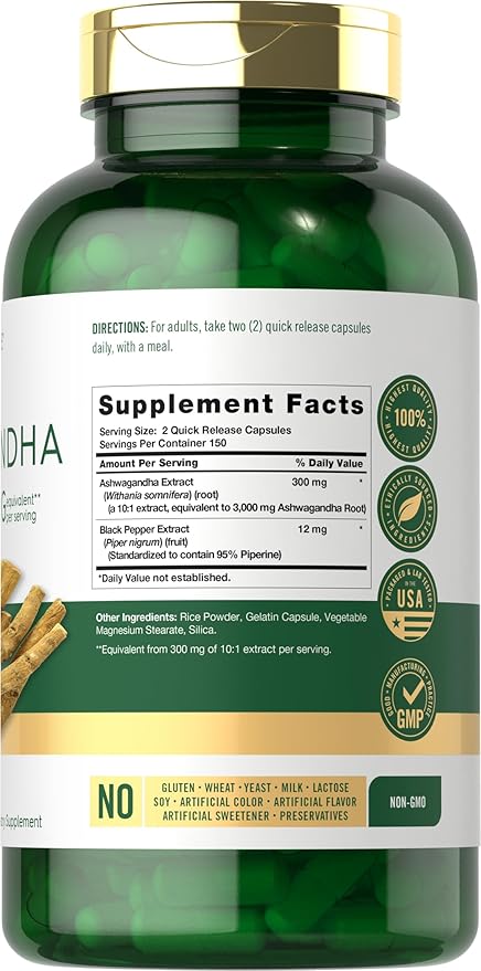 Carlyle Ashwagandha Supplement 3000mg | 300 Capsules | Root Extract Supplement | Non-GMO, Gluten Free