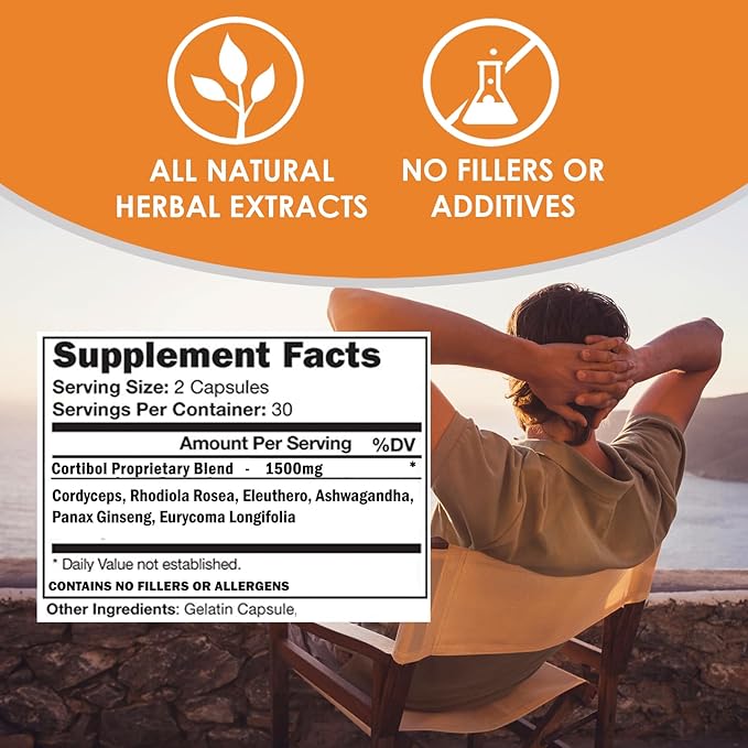 VH Nutrition CORTIBOL | Cortisol Manager* Supplement | Maximum Strength Adrenal Support* for Men and Women | Rhodiola, Cordyceps, and Eleuthero | 60 Capsules