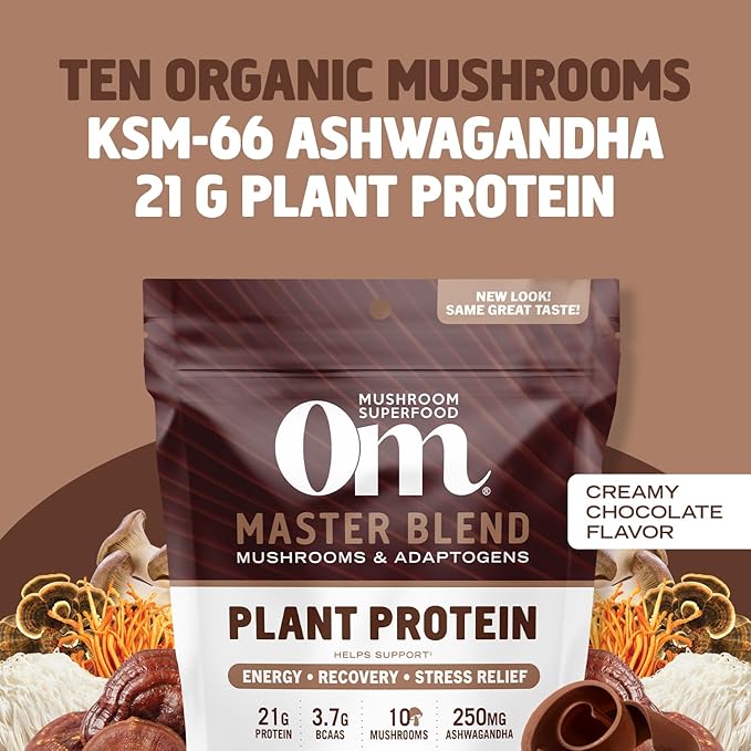 OM MUSHROOM SUPERFOOD Master Blend Creamy Chocolate Protein Powder, 16 Servings, Plant-Based with 10 Mushroom Complex for Recovery & Energy