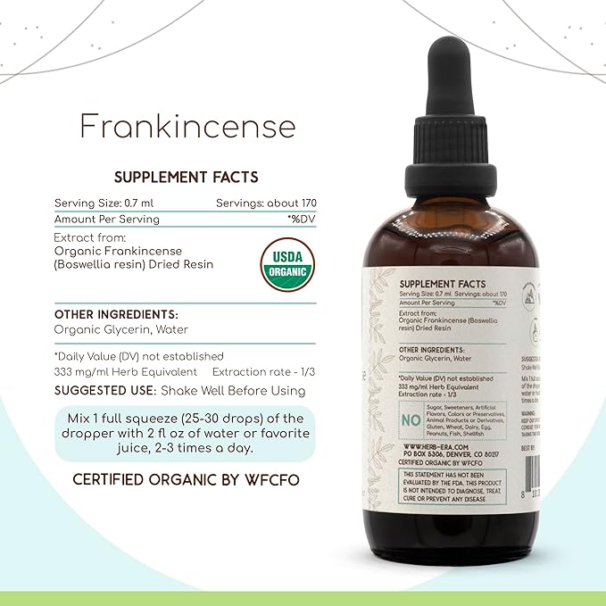 Frankincense B120 USDA Organic Tincture | Alcohol-FREE Extract, High-Potency Herbal Drops, Immune System, Positive Mood | Certified Organic Frankincense (Boswellia Resin) Dried Resin (4 fl oz)
