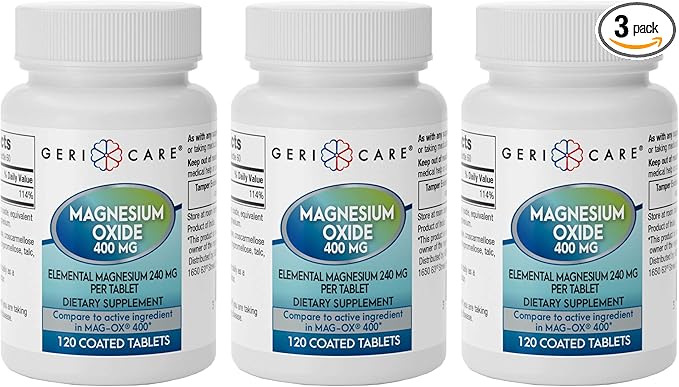 GeriCare Magnesium Oxide Supplement 240 mg of Elemental Magnesium, 120 Tablets, Essential Mineral Support, Promotes Vascular Health, Bone Strength, and Muscle Function (Pack of 3)