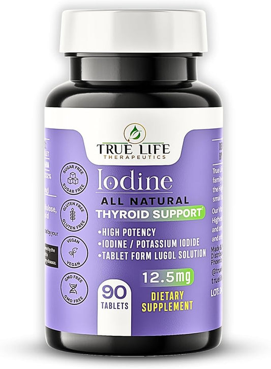 Lugol's Iodine Tablets 12.5mg x 90 ct - Reddish Brown Stable Iodine + Potassium Iodide Formula, Masks Bitter Liquid Taste, Thyroid Support, Detox, Breast Health - No Preservative, Non-GMO, Gluten-free
