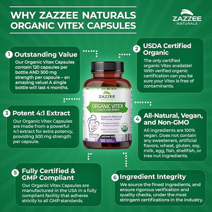 Zazzee USDA Organic Vitex, 500 mg Strength, 120 Vegan Capsules, 4 Month Supply, Standardized and Concentrated 4X Extract, Whole USDA Certified Organic Chaste Berry, All-Natural and Non-GMO
